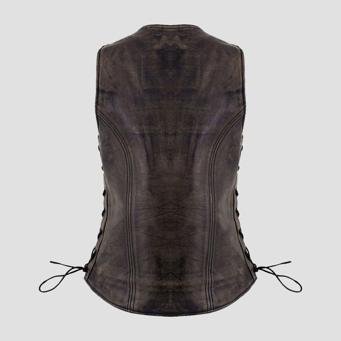 Womens Distressed Brown Leather Biker Vest
