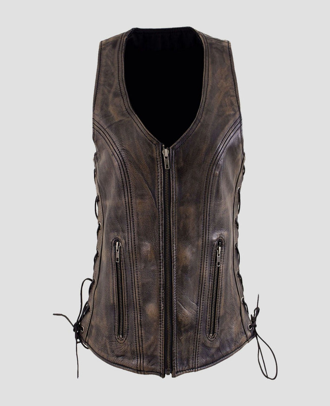 Womens Distressed Brown Leather Biker Vest