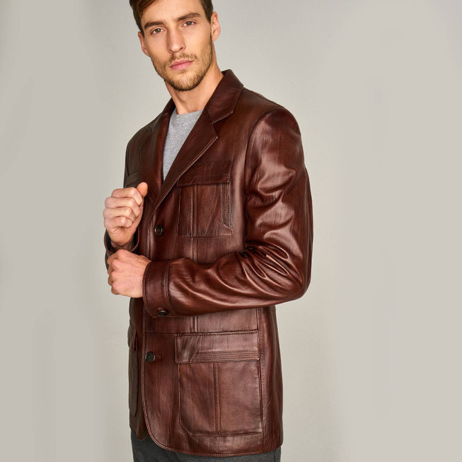 New Mens Brown Leather Blazer