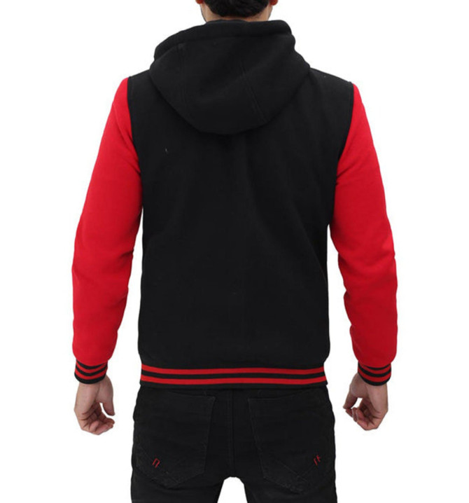 Men's Stylish Red and Black Hooded Varsity Jacket Men's Stylish Red and Black Hooded Varsity Jacket