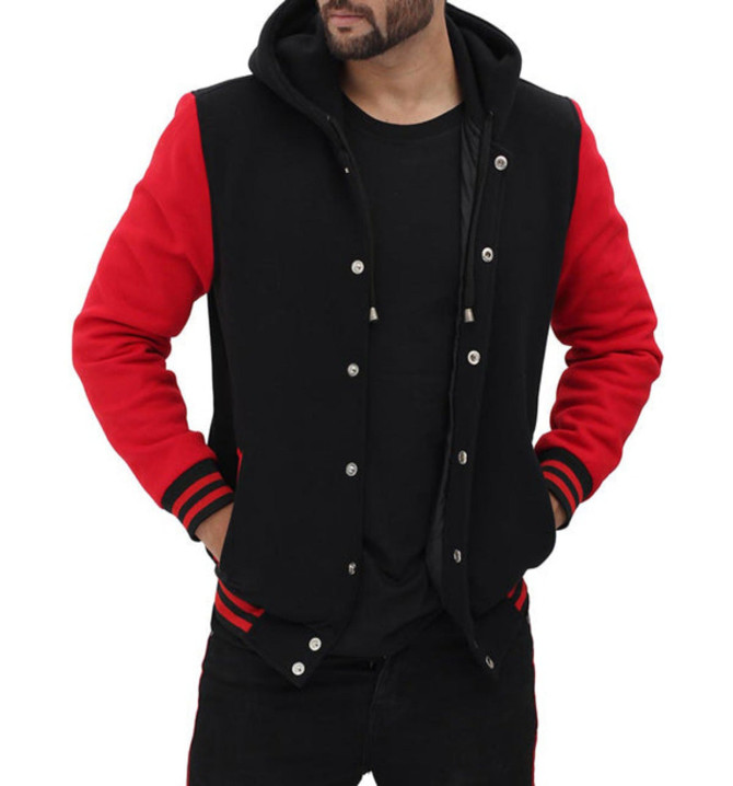 Men's Stylish Red and Black Hooded Varsity Jacket Men's Stylish Red and Black Hooded Varsity Jacket