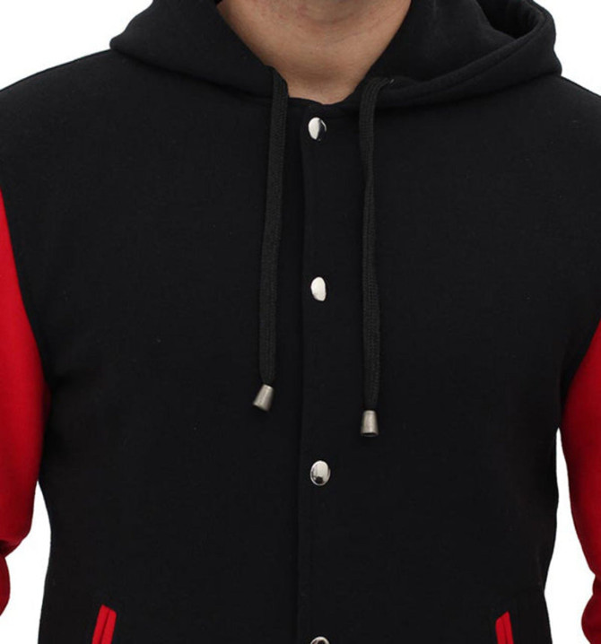 Men's Stylish Red and Black Hooded Varsity Jacket Men's Stylish Red and Black Hooded Varsity Jacket
