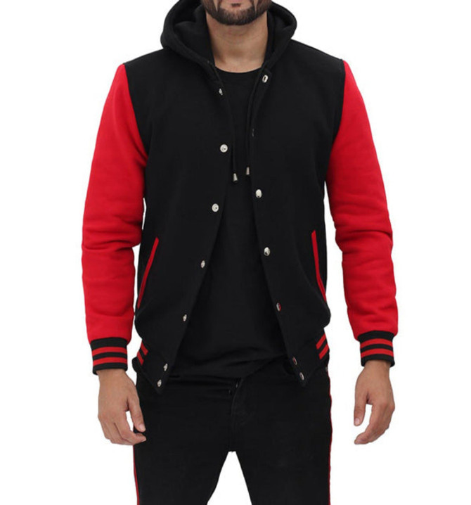Men's Stylish Red and Black Hooded Varsity Jacket Men's Stylish Red and Black Hooded Varsity Jacket