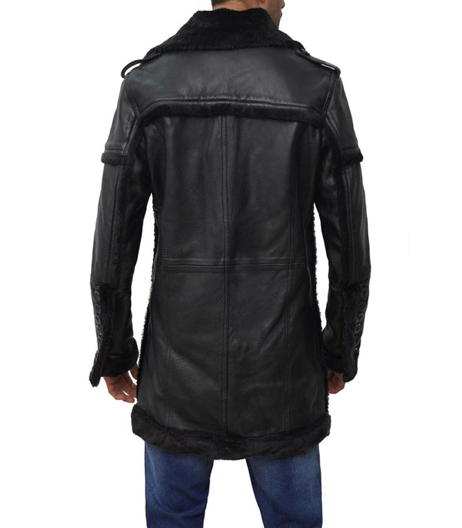 Mens Dark Black Shearling Leather Long Coat Mens Dark Black Shearling Leather Long Coat