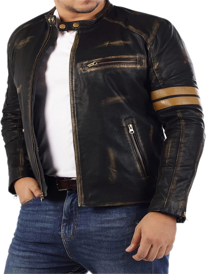 Men’s Distressed Café Racer Black Leather Jacket