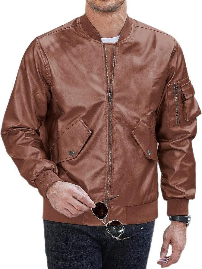 Men's Casual Slim Fit Leather Bomber Varsity Jacket