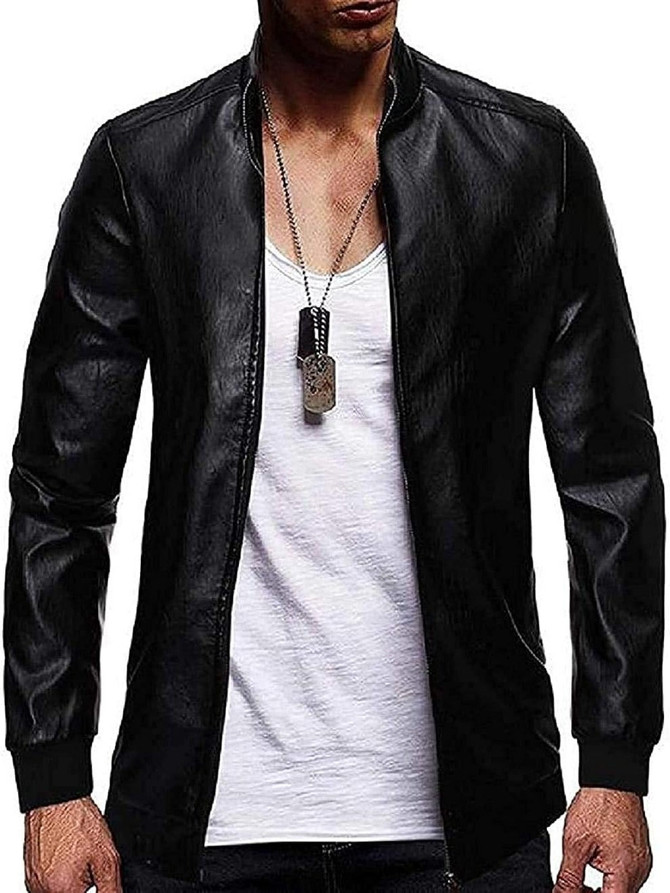 Men's Slim Fit Zip Up Stand Collar Biker Jacket