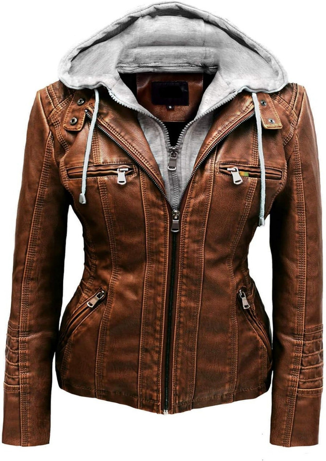 Women's Slim Fit Detachable Hood Leather jacket