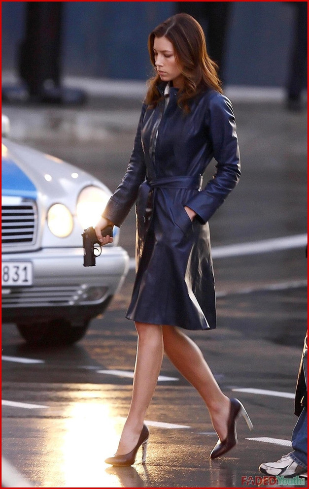 Jessica Biel The A-Team Navy Blue Long Leather Coat