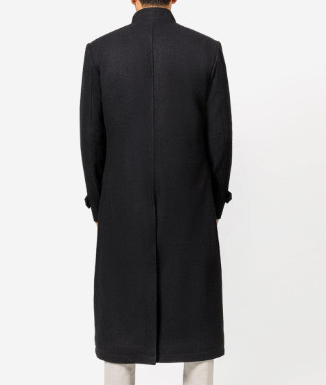 Mens Black Mandarin Collar Knee Length Wool Coat