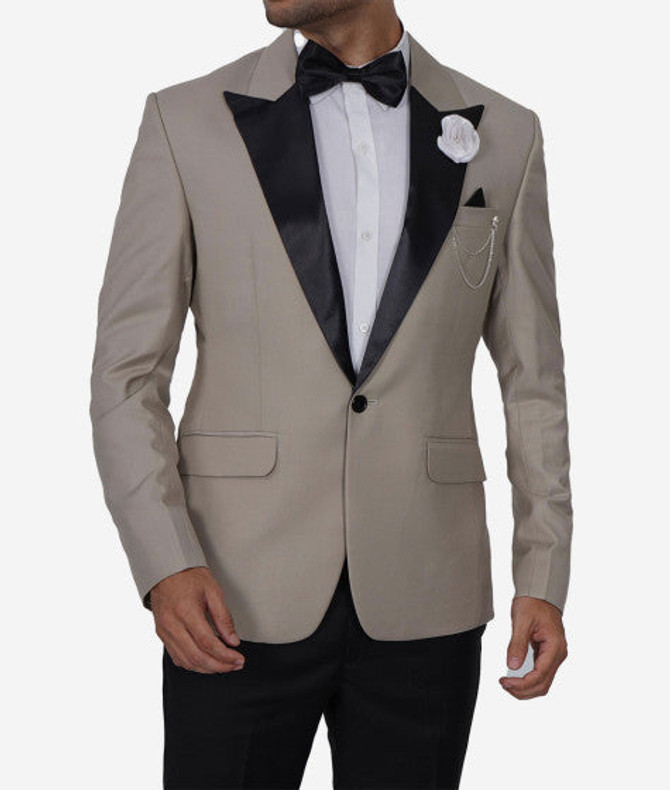 Men's Black Peak Lapel Beige Tuxedo Suit