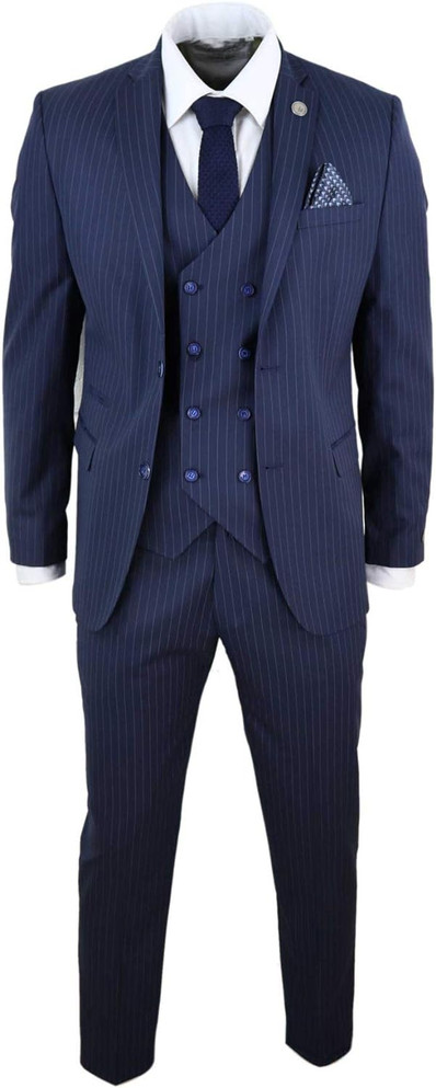 Mens Pinstripe Navy Blue 3 Piece Suit
