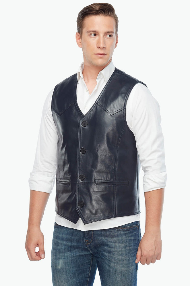 Men's Genuine Leather Vest Navy Blue