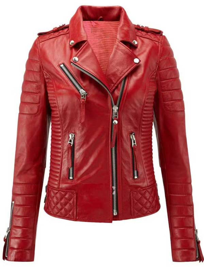 Elina Red Quilted Motorcycle Leather Jacket
