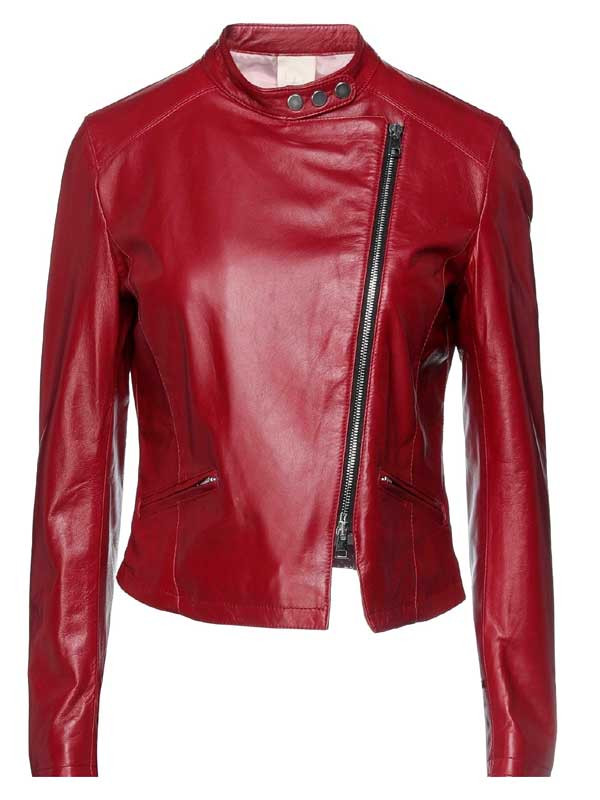 Women's Red Slim-fit Leather Cafe Racer Jacket