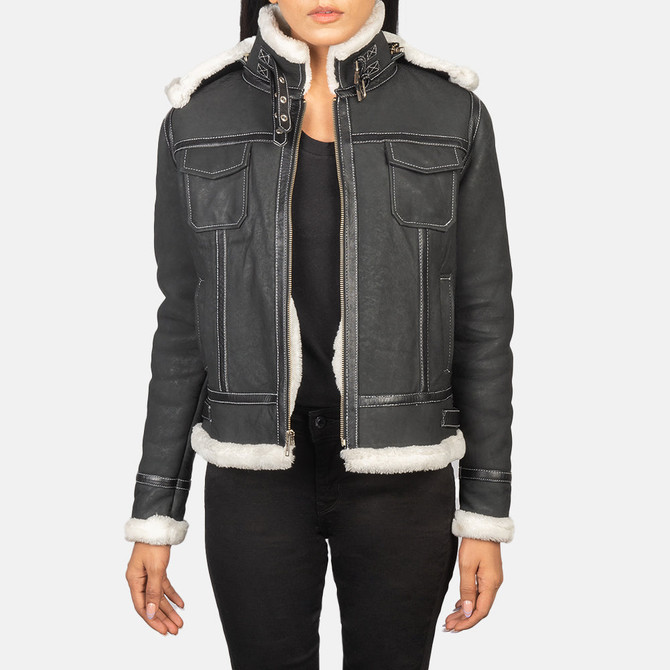 Black Hooded Shearling Leather Jacket