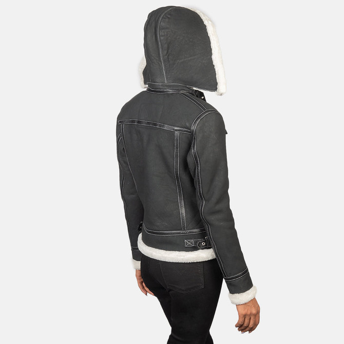 Black Hooded Shearling Leather Jacket