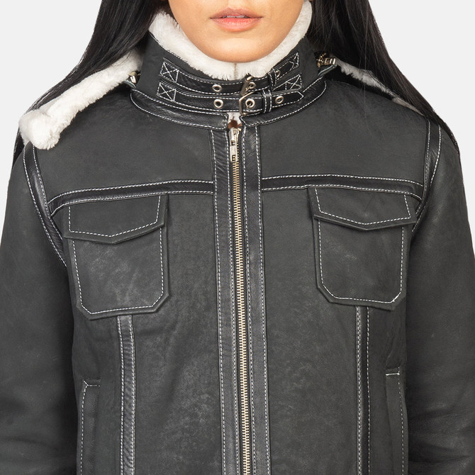 Black Hooded Shearling Leather Jacket