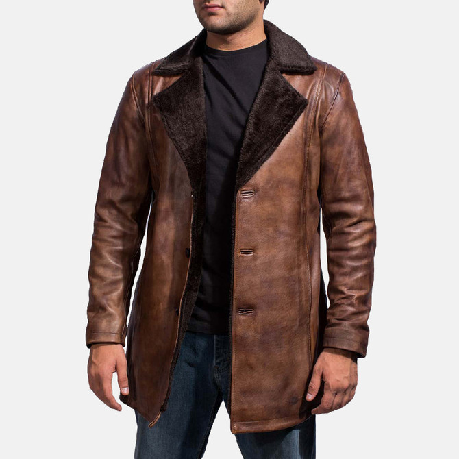 Mens Brown Distressed Leather Fur Coat