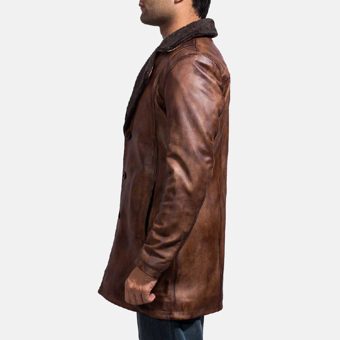 Mens Brown Distressed Leather Fur Coat