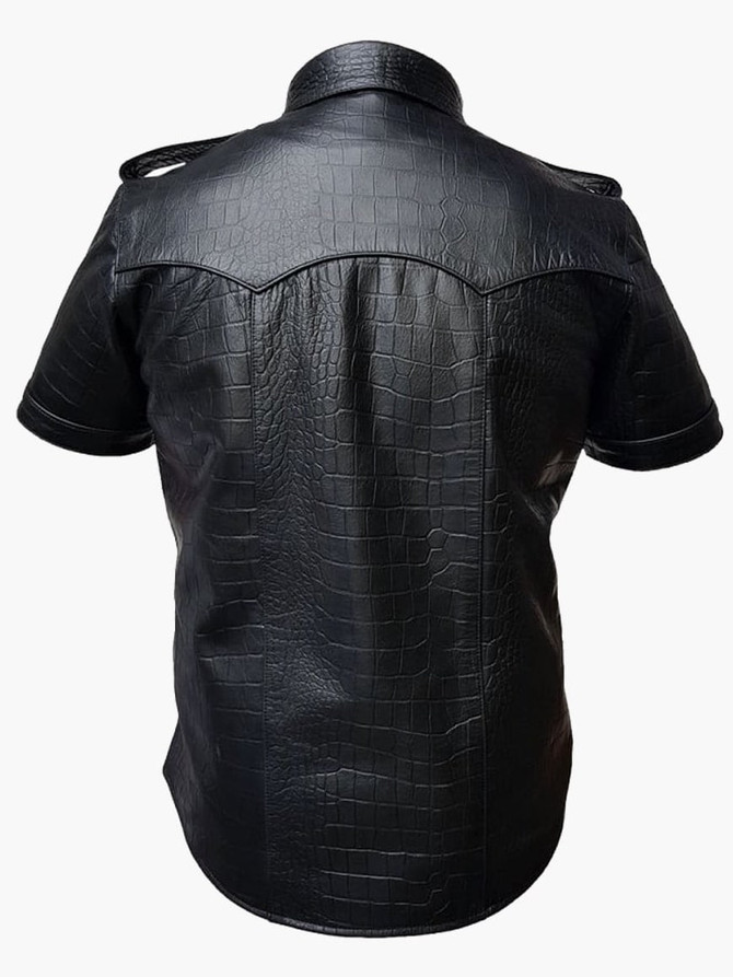 Men Black Police Uniform Crocodile Leather Shirt