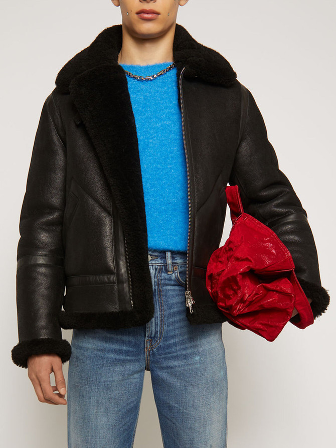 Shearling aviator black fur Genuine Leather jacket