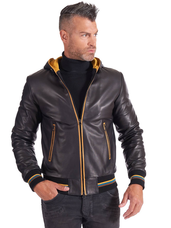 Black and Yellow Men real Leather biker hooded collar Jacket