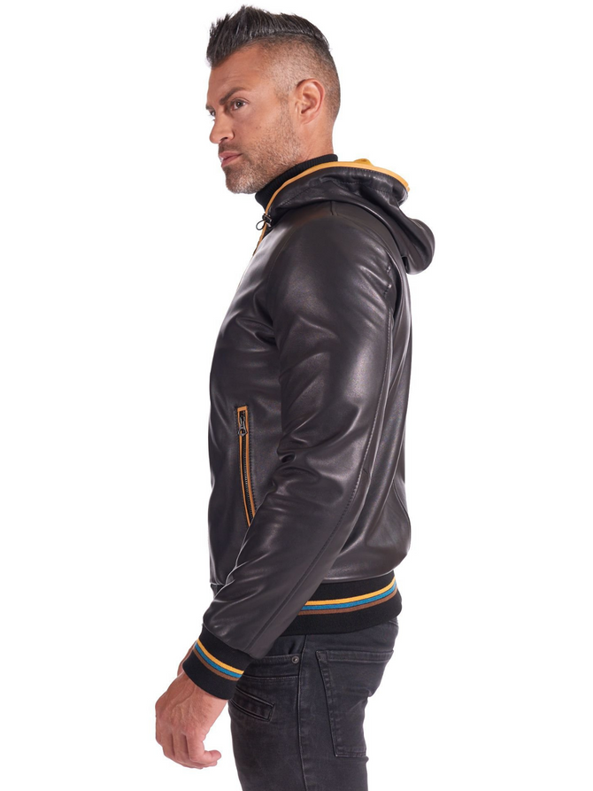Black and Yellow Men real Leather biker hooded collar Jacket
