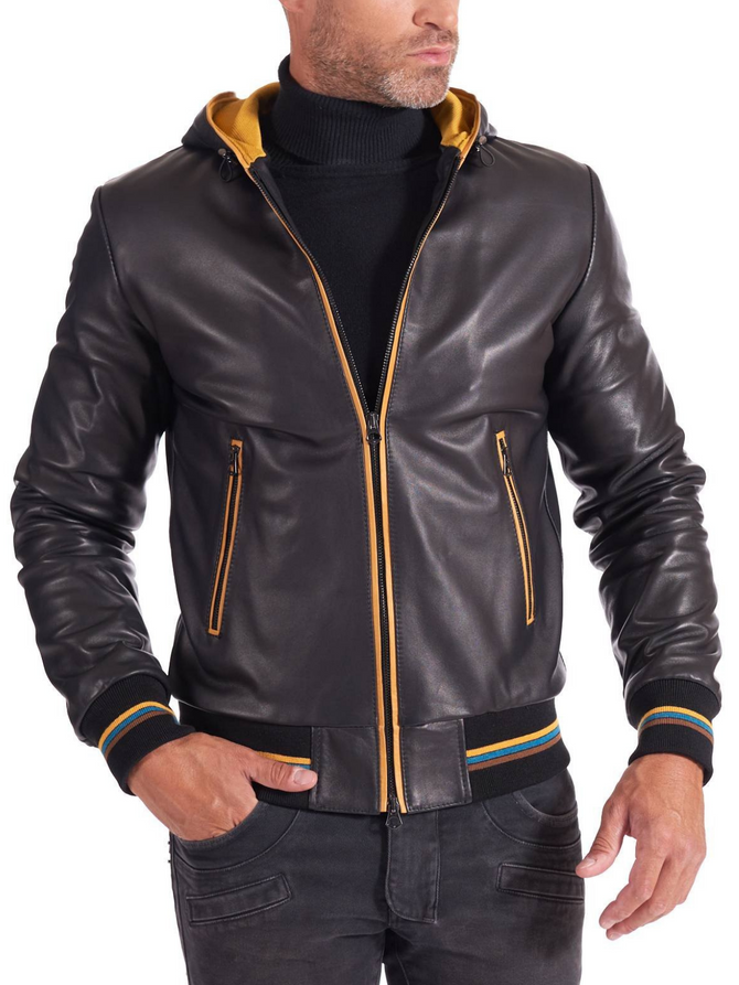 Black and Yellow Men real Leather biker hooded collar Jacket