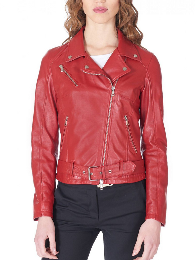 Asymmetrical style Womens hand made Biker Leather Jacket in Red