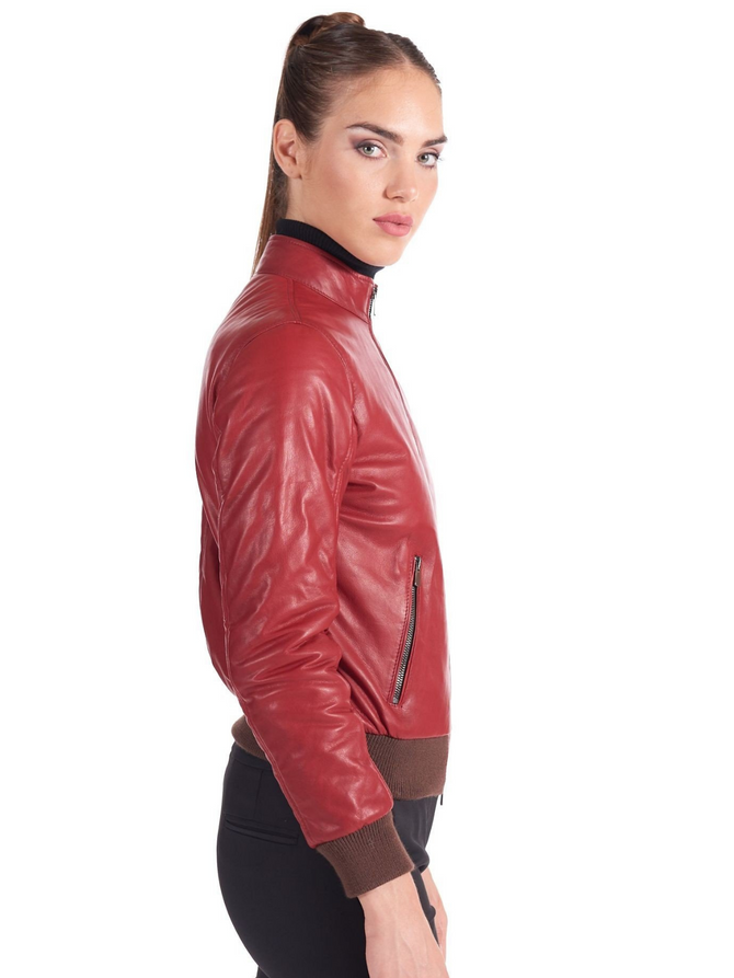high quality Womens Stylish red genuine leather Bomber Jacket
