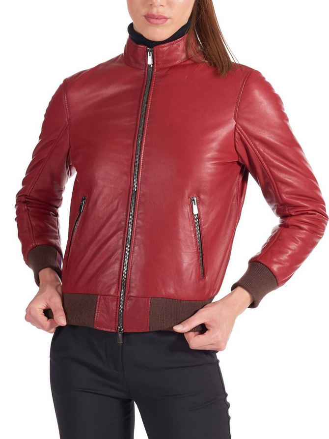 high quality Womens Stylish red genuine leather Bomber Jacket