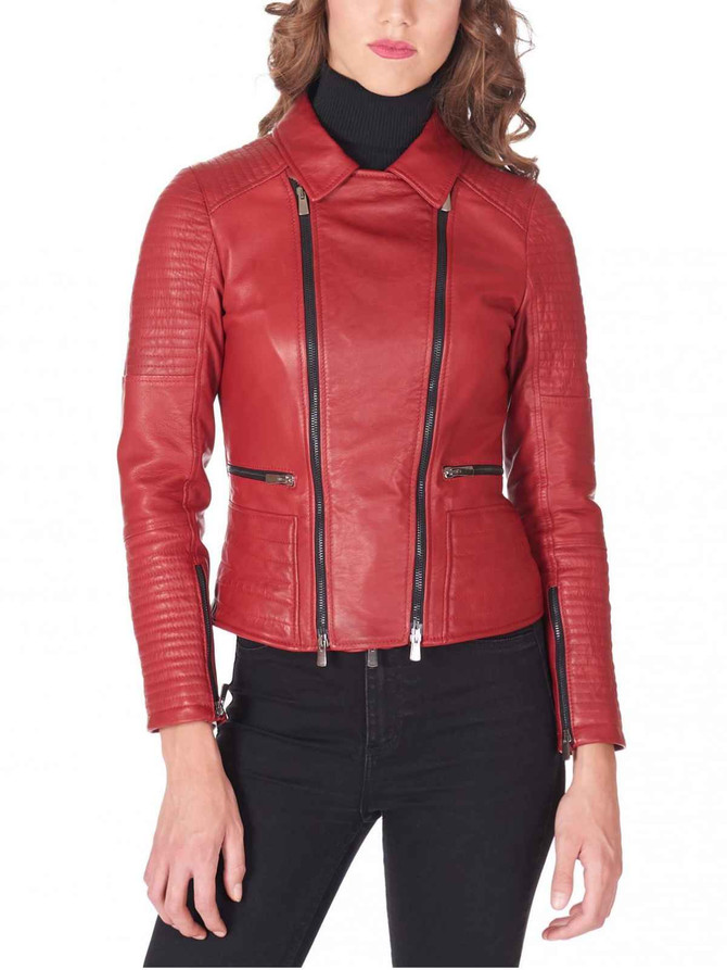 high quality Womens red leather Motorcycle jacket