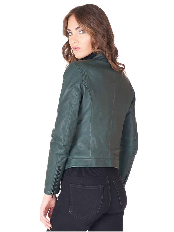 Green new Womens Round Collar leather jacket