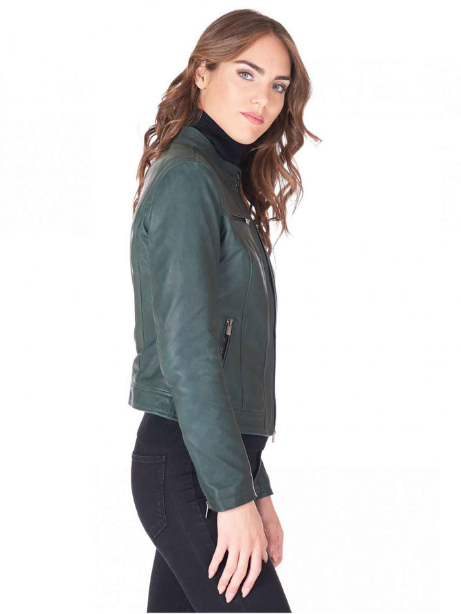 Green new Womens Round Collar leather jacket