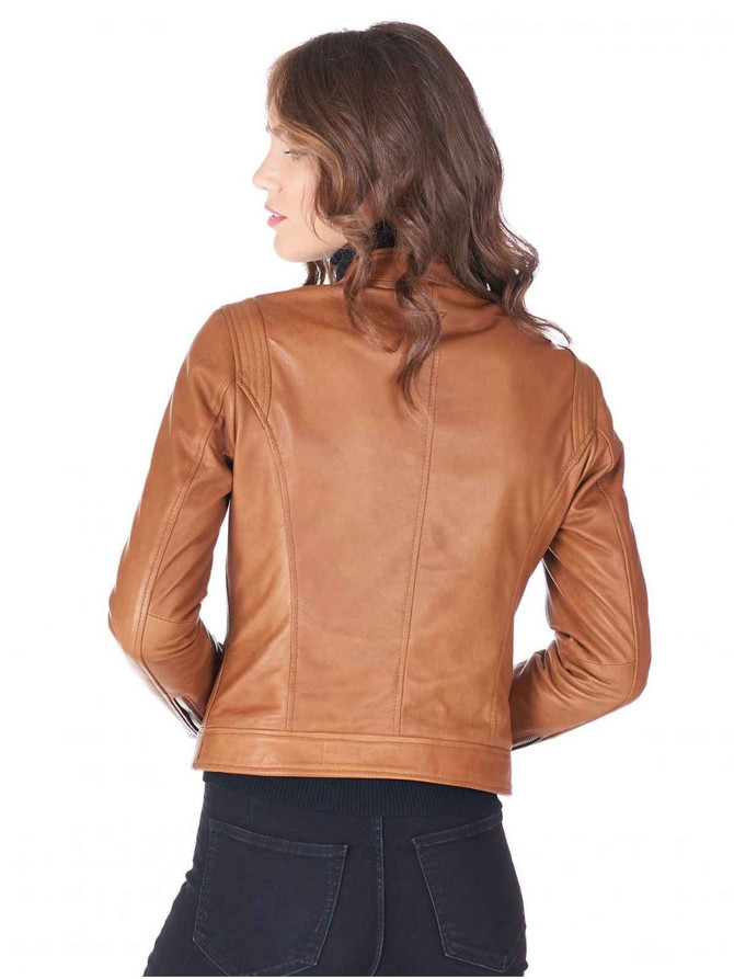Womens Brown Round Collar brown leather jacket