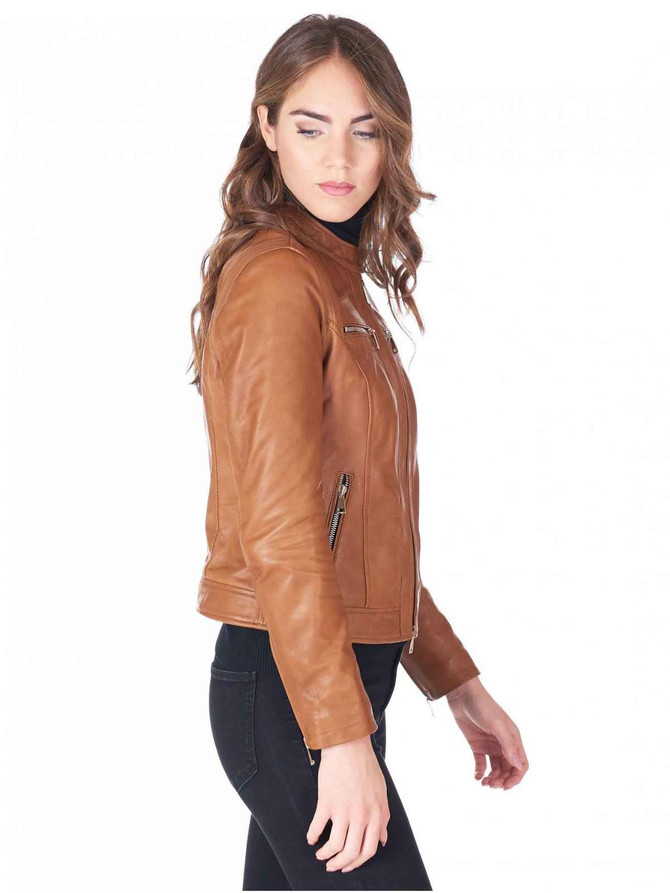 Womens Brown Round Collar brown leather jacket