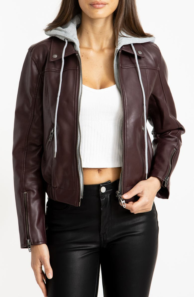 womens Removable hooded biker Leather jacket in Black