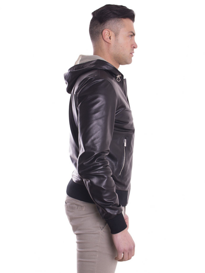 Lambskin Black Leather Mens hooded collar biker Jacket