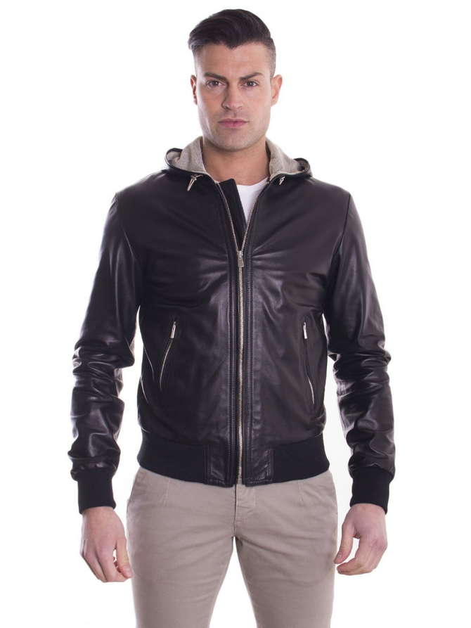 Lambskin Black Leather Mens hooded collar biker Jacket