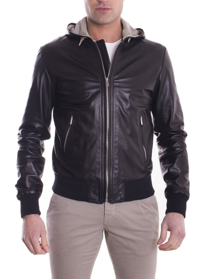 Lambskin Black Leather Mens hooded collar biker Jacket