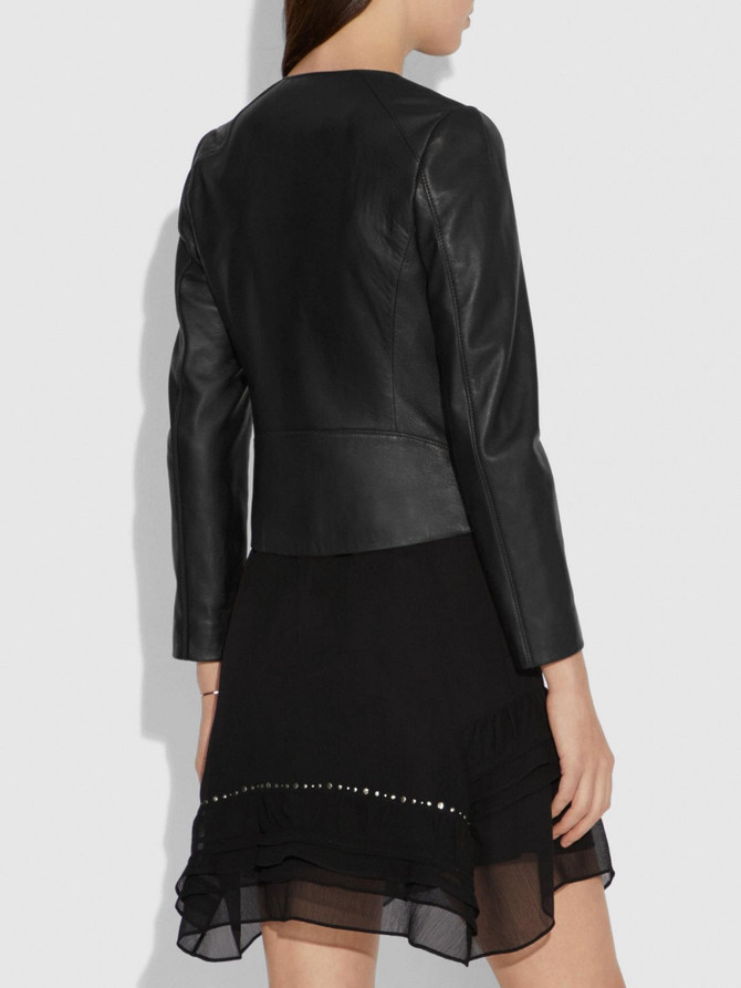 Women Party Wear Round Neck Leather Jacket