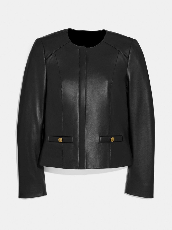 Women Party Wear Round Neck Leather Jacket
