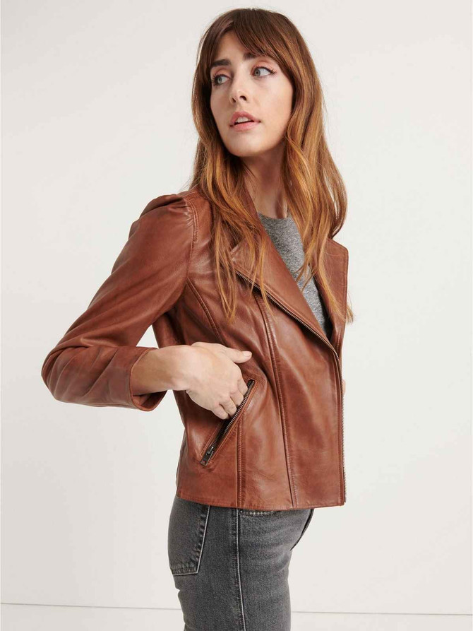 Womens Rusty Brown Biker Hem Cuffs Leather Jacket