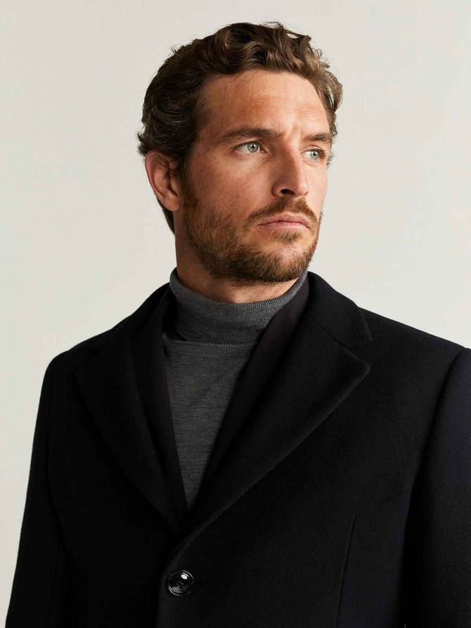 Men Tailored Black Wool Coat