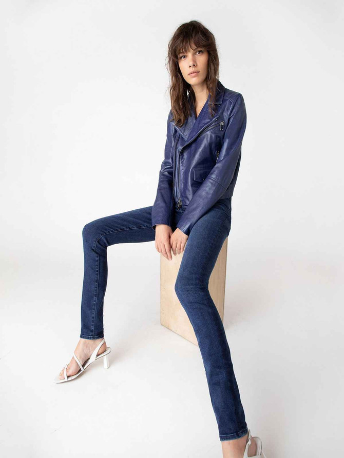 Sky Blue Women Asymmetrical Leather Jacket