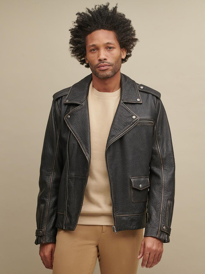 ジャケット・アウター T/SEHNE ASYMMETRIC LEATHER JACKET Asymmetrical Men's Black Leather Jacket
