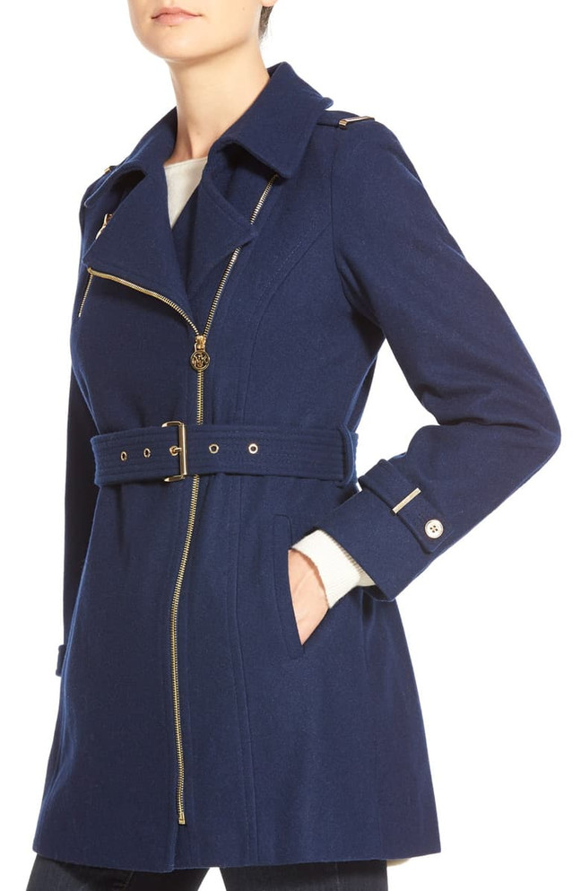 Women's Belted Asymmetrical Zip Wool Blend Coat