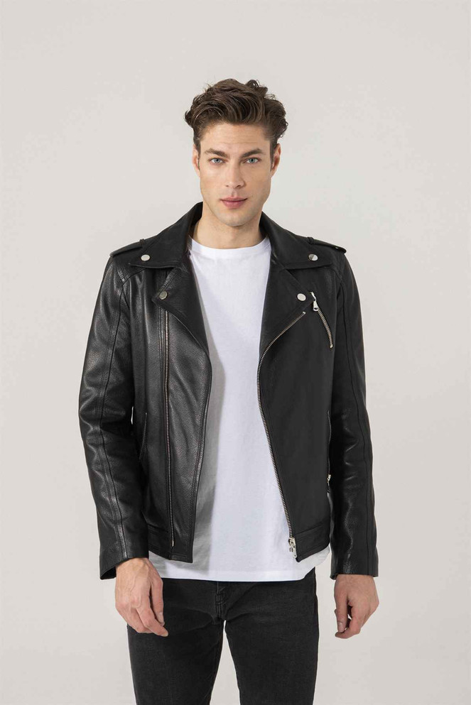 Men Black Asymmetric Lined Leather Jacket