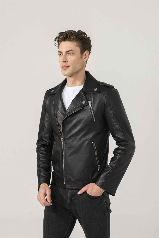 Men Black Asymmetric Lined Leather Jacket